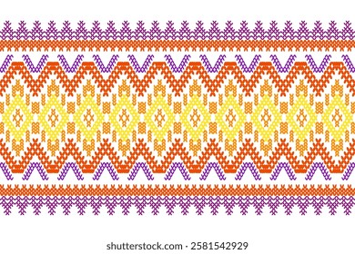 Ikat cross stitch geometric embroidery seamless knitted pattern on damask background. Perfect decorative design for sweater, fabric, decoration, illustration, ornament, texture, textile, interior