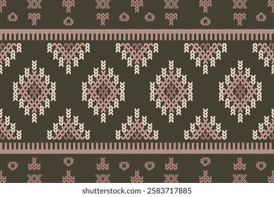 Ikat cross stitch geometric embroidery seamless knitted pattern on damask background. Perfect decorative design for sweater, fabric, decoration, illustration, ornament, texture, textile, interior