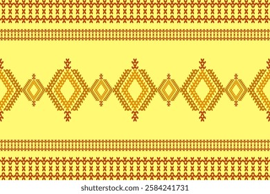 Ikat cross stitch geometric embroidery seamless knitted pattern on damask background. Perfect decorative design for sweater, fabric, decoration, illustration, ornament, texture, textile, interior