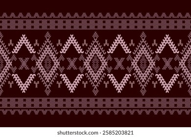 Ikat cross stitch geometric embroidery seamless knitted pattern on damask background. Perfect decorative design for sweater, fabric, decoration, illustration, ornament, texture, textile, interior