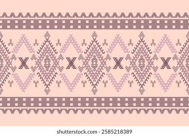 Ikat cross stitch geometric embroidery seamless knitted pattern on damask background. Perfect decorative design for sweater, fabric, decoration, illustration, ornament, texture, textile, interior