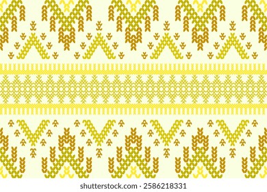 Ikat cross stitch geometric embroidery seamless knitted pattern on damask background. Perfect decorative design for sweater, fabric, decoration, illustration, ornament, texture, textile, interior