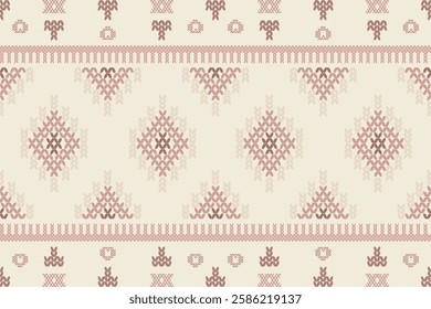 Ikat cross stitch geometric embroidery seamless knitted pattern on damask background. Perfect decorative design for sweater, fabric, decoration, illustration, ornament, texture, textile, interior