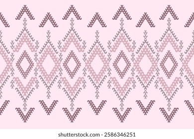 Ikat cross stitch geometric embroidery seamless knitted pattern on damask background. Perfect decorative design for sweater, fabric, decoration, illustration, ornament, texture, textile, interior