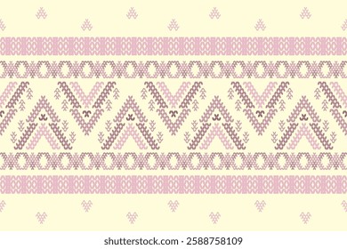Ikat cross stitch geometric embroidery seamless knitted pattern on damask background. Perfect decorative design for sweater, fabric, decoration, illustration, ornament, texture, textile, interior