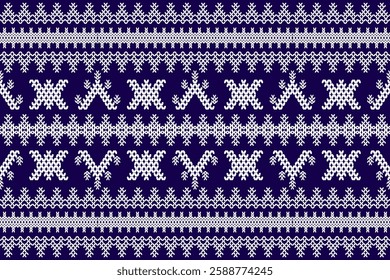 Ikat cross stitch geometric embroidery seamless knitted pattern on damask background. Perfect decorative design for sweater, fabric, decoration, illustration, ornament, texture, textile, interior