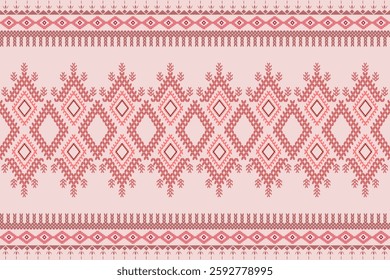 Ikat cross stitch geometric embroidery seamless knitted pattern on damask background. Perfect decorative design for sweater, fabric, decoration, illustration, ornament, texture, textile, interior