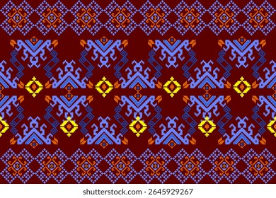 Ikat ponto de cruz geométrico bordado sem costura padrão tricotado no fundo damasco. Design decorativo perfeito para suéter, tecido, decoração, ilustração, ornamento, textura, têxtil, interior