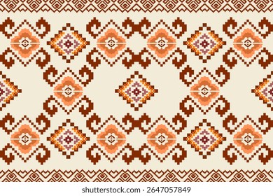 Ikat cross stitch geometric embroidery seamless knitted pattern on damask background. Perfect decorative design for sweater, fabric, decoration, illustration, ornament, texture, textile, interior
