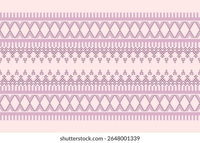 Ikat cross stitch geometric embroidery seamless knitted pattern on damask background. Perfect decorative design for sweater, fabric, decoration, illustration, ornament, texture, textile, interior