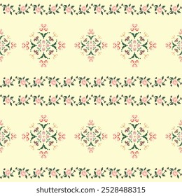 Ikat cross stitch pixel art texture embroidery oriental on beige background seamless pattern. Perfect rose geometric texture decoration design for wallpaper, background, illustration, fabric, clothing