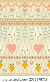 Ikat cute bunnies with geometric heart and carrots cartoon characters knitted seamless pattern. Perfect geometry kawaii texture design for fabric, sweater, decoration, element, ornament, interior