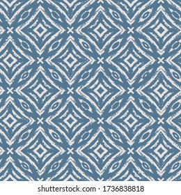 Ikat damask seamless ogee vector background pattern in blue color for fabric, wallpaper, scrapbooking projects, gift wrap. Surface pattern design.