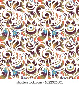 Ikat damask seamless pattern background tile in a white, brown and orange colors.
