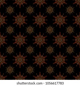 Ikat damask seamless pattern background tile on black background in brown and orange colors.