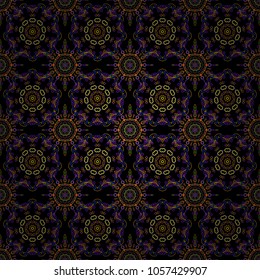 Ikat damask seamless pattern background tile. Vector illustration. In yellow and violet colors on a black background.