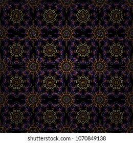 Ikat damask seamless pattern background tile. Vector illustration. In yellow and violet colors on a black background.