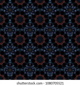Ikat damask seamless pattern background tile on black background in blue, red and brown colors.