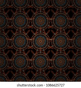 Ikat damask seamless pattern background tile on black background in brown, blue and orange colors.
