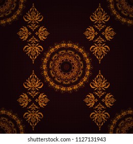 Ikat damask seamless pattern background tile in a brown, orange and yellow colors.