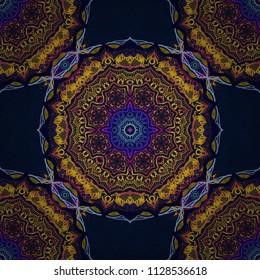 Ikat damask seamless pattern background tile in a orange, blue and yellow colors.