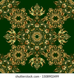 Ikat damask seamless pattern background tile. In green and golden colors. Vector illustration.