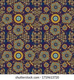 Ikat damask seamless pattern background tile in a blue, violet and brown colors.