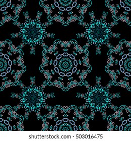 Ikat damask seamless pattern background tile. Vector illustration. In blue colors on a black background.
