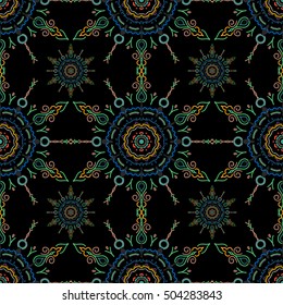 Ikat damask seamless pattern background tile. Vector illustration. In green colors on a black background.