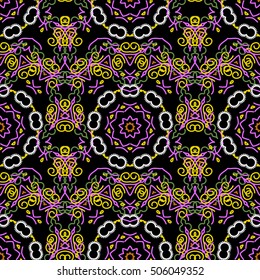 Ikat damask seamless pattern background tile on black background in violet colors.
