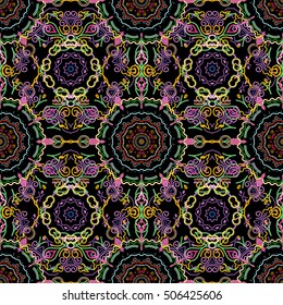 Ikat damask seamless pattern background tile on black background in yellow colors.
