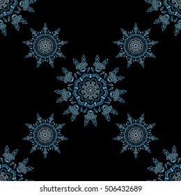 Ikat damask seamless pattern background tile on black background in blue colors.