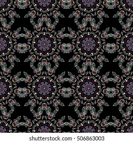 Ikat damask seamless pattern background tile. Vector illustration. In violet colors on a black background.