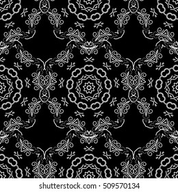 Ikat damask seamless pattern background tile. Vector illustration. In gray colors on a black background.