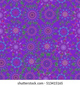 Ikat damask seamless pattern background tile in a green, pink and violet colors.