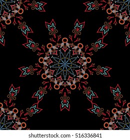 Ikat damask seamless pattern background tile on black background in yellow, blue and orange colors.