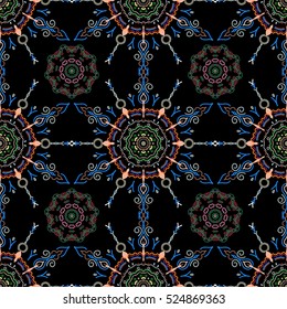 Ikat damask seamless pattern background tile on black background in pink, orange and neutral colors.