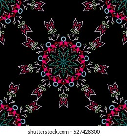 Ikat damask seamless pattern background tile. Vector illustration. In neutral, magenta and red colors on a black background.
