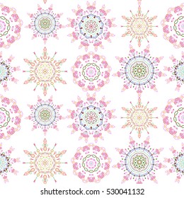 Ikat damask seamless pattern background tile in a neutral, pink and yellow colors.