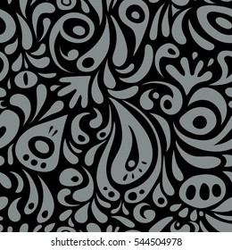 Ikat damask seamless pattern background tile on black background in gray colors.