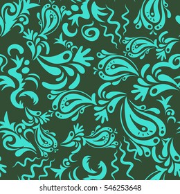 Ikat damask seamless pattern background tile. Vector illustration. In green and blue colors.