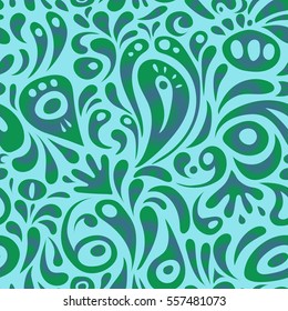 Ikat damask seamless pattern background tile in a blue and green colors.