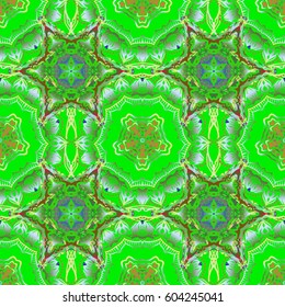 Ikat damask seamless pattern background tile. Vector illustration. In green, blue and red colors.