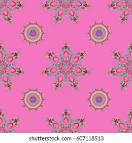 Ikat damask seamless pattern background tile. Vector illustration. In pink, beige and blue colors.
