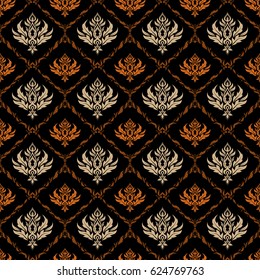 Ikat damask seamless pattern background tile on black background in beige, orange and brown colors.