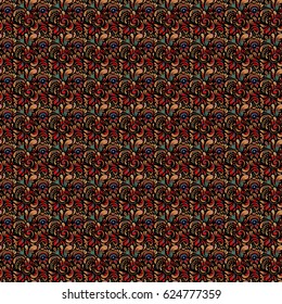 Ikat damask seamless pattern background tile on black background in violet, red and blue colors.