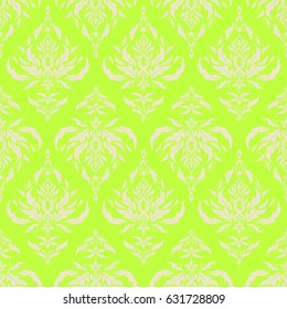 Ikat damask seamless pattern background tile. Vector illustration. In beige and green colors.