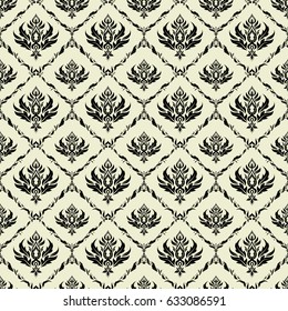 Ikat damask seamless pattern background tile in a black and beige colors.