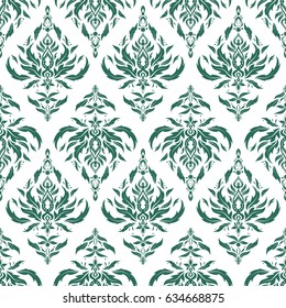 Ikat damask seamless pattern background tile on white background in green colors.