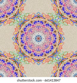 Ikat damask seamless pattern background tile in a beige and blue colors.